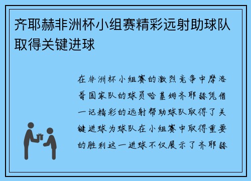 齐耶赫非洲杯小组赛精彩远射助球队取得关键进球